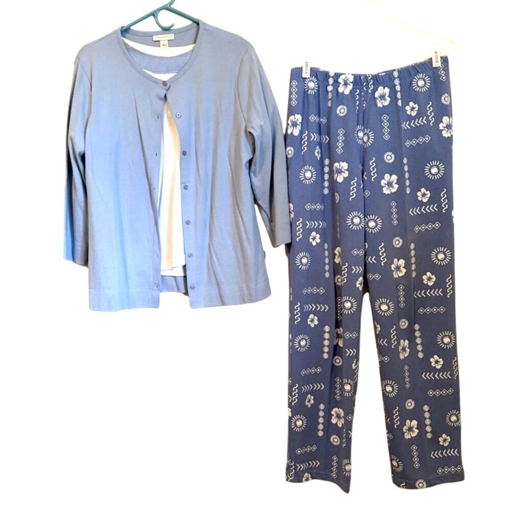 Appleseed's BFA Classics 3-Piece Lounge Set L Blue Floral Cardigan & Pants